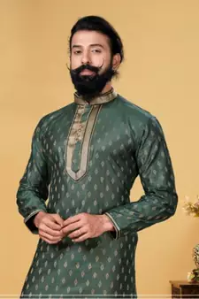 green Silk plain stitched kurta & pajama with stole