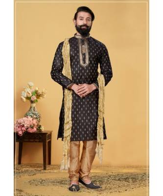 black Silk plain stitched kurta & pajama with stole 1