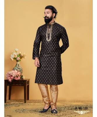 black Silk plain stitched kurta & pajama with stole 2