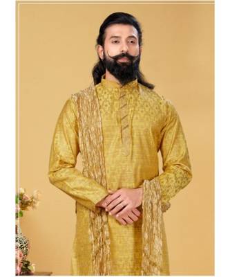 yellow Silk plain stitched kurta & pajama with stole 1