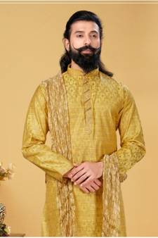yellow Silk plain stitched kurta & pajama with stole