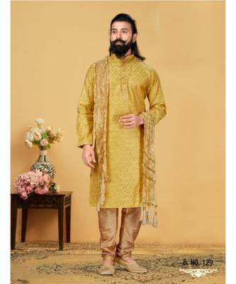 yellow Silk plain stitched kurta & pajama with stole 2