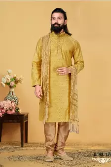 yellow Silk plain stitched kurta & pajama with stole