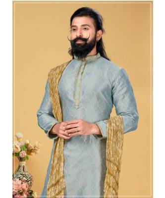grey Silk plain stitched kurta & pajama with stole 1