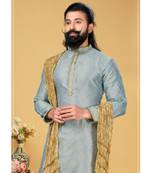 grey Silk plain stitched kurta & pajama with stole