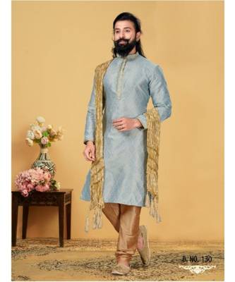 grey Silk plain stitched kurta & pajama with stole 2
