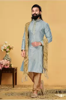 grey Silk plain stitched kurta & pajama with stole