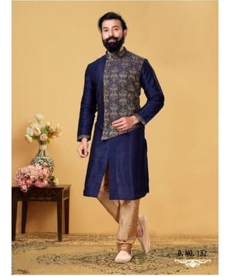 blue Silk plain stitched kurta & pajama 1