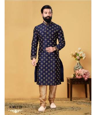 blue Silk plain stitched kurta & pajama with stole 1
