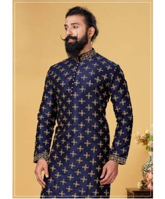 blue Silk plain stitched kurta & pajama with stole 2