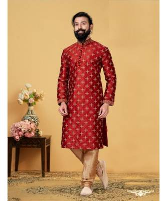 red Silk plain stitched kurta & pajama with stole 1