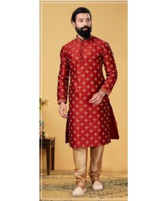 red Silk plain stitched kurta & pajama with stole 2