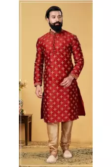 red Silk plain stitched kurta & pajama with stole
