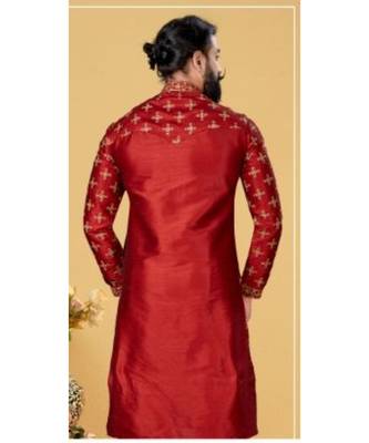 red Silk plain stitched kurta & pajama with stole 3