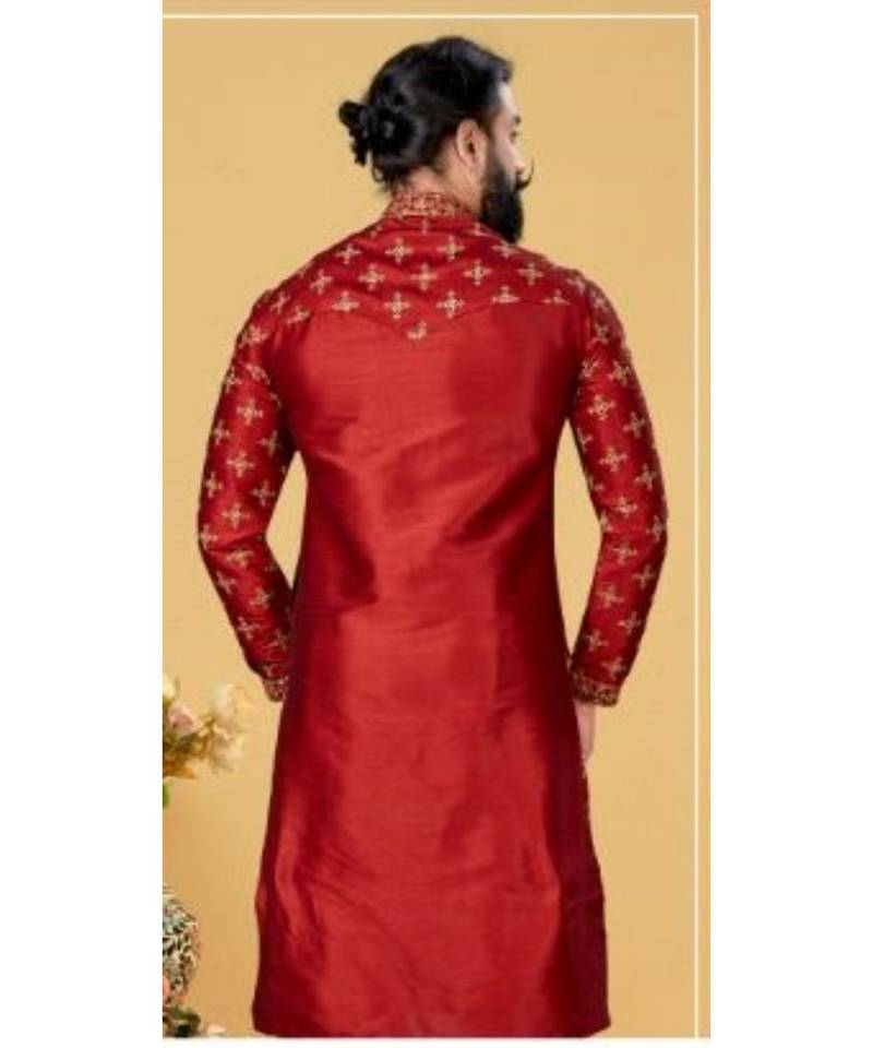 red Silk plain stitched kurta & pajama with stole