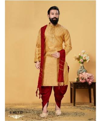 yellow Silk plain stitched kurta & pajama with stole 1