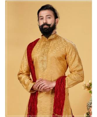 yellow Silk plain stitched kurta & pajama with stole 2