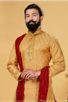 yellow Silk plain stitched kurta & pajama with stole