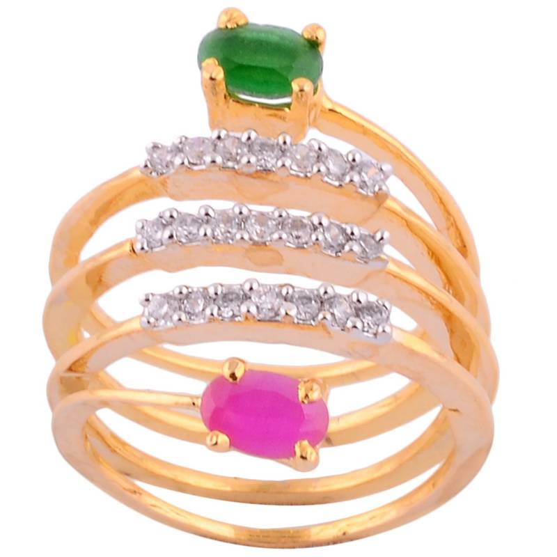 Ruby&Emerald Spiral Ring With American Diamond