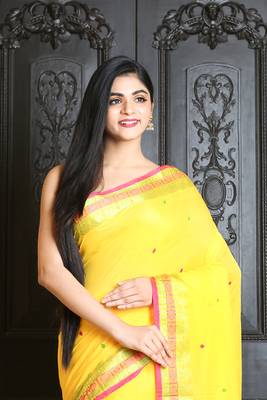 Yellow Pure cotton Handloom Saree with multicolor thread work 2