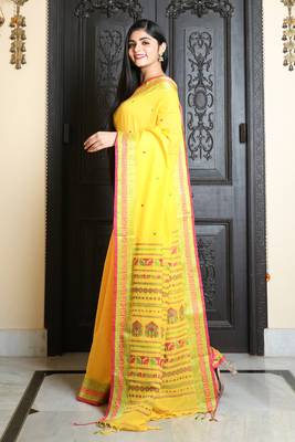 Yellow Pure cotton Handloom Saree with multicolor thread work 3