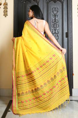 Yellow Pure cotton Handloom Saree with multicolor thread work 4