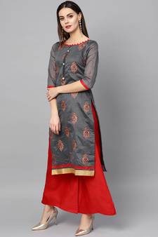 Grey Embroidered Cotton Unstitched Salwar- Kameez With Dupatta