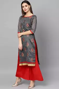 Grey Embroidered Cotton Unstitched Salwar- Kameez With Dupatta