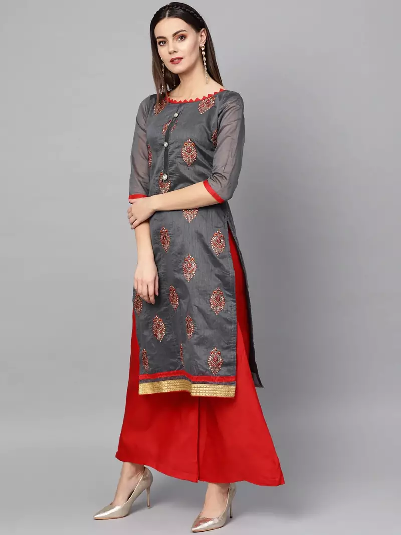 Grey Embroidered Cotton Unstitched Salwar- Kameez With Dupatta
