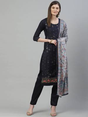 Navy Blue Embroidered Cotton Unstitched Salwar- Kameez With Dupatta 1