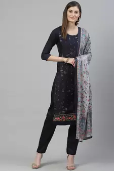 Navy Blue Embroidered Cotton Unstitched Salwar- Kameez With Dupatta