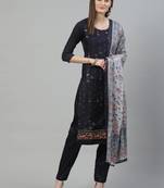 Navy Blue Embroidered Cotton Unstitched Salwar- Kameez With Dupatta