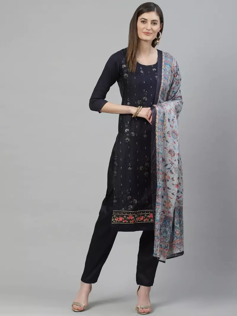 Navy Blue Embroidered Cotton Unstitched Salwar- Kameez With Dupatta