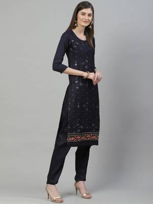 Navy Blue Embroidered Cotton Unstitched Salwar- Kameez With Dupatta 2