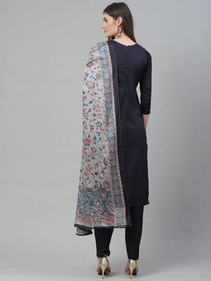 Navy Blue Embroidered Cotton Unstitched Salwar- Kameez With Dupatta 3