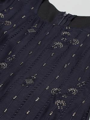 Navy Blue Embroidered Cotton Unstitched Salwar- Kameez With Dupatta 4
