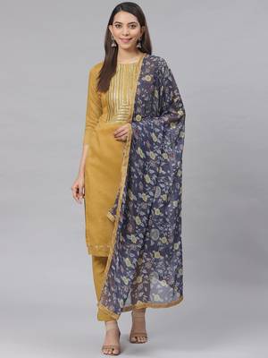Yellow Embroidered Cotton Unstitched Salwar- Kameez With Dupatta 1
