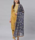 Yellow Embroidered Cotton Unstitched Salwar- Kameez With Dupatta