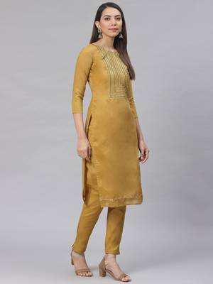 Yellow Embroidered Cotton Unstitched Salwar- Kameez With Dupatta 2