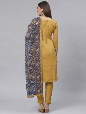 Yellow Embroidered Cotton Unstitched Salwar- Kameez With Dupatta 3
