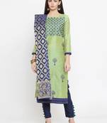 Green Embroidered Cotton Unstitched Salwar- Kameez With Dupatta