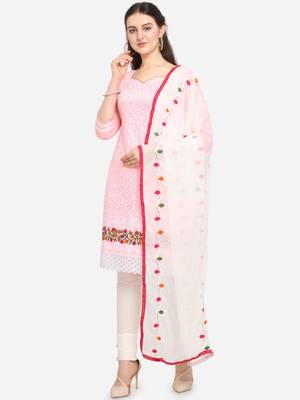 Pink Embroidered Cotton Unstitched Salwar- Kameez With Dupatta 1