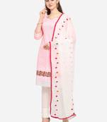 Pink Embroidered Cotton Unstitched Salwar- Kameez With Dupatta