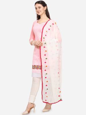 Pink Embroidered Cotton Unstitched Salwar- Kameez With Dupatta 2
