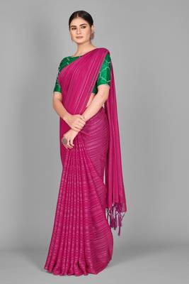 Pink plain satin saree with blouse 2