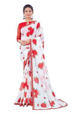 Red printed georgette saree with blouse 1