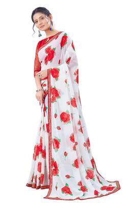 Red printed georgette saree with blouse 2
