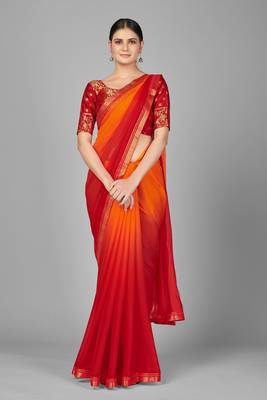 Red woven chiffon saree with blouse 1