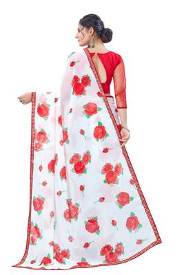 Red printed georgette saree with blouse 3