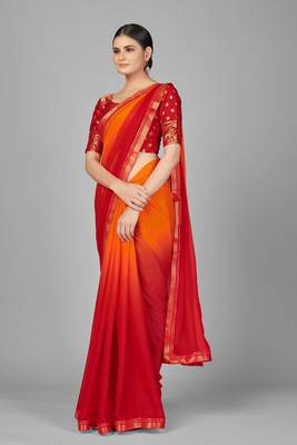 Red woven chiffon saree with blouse 2